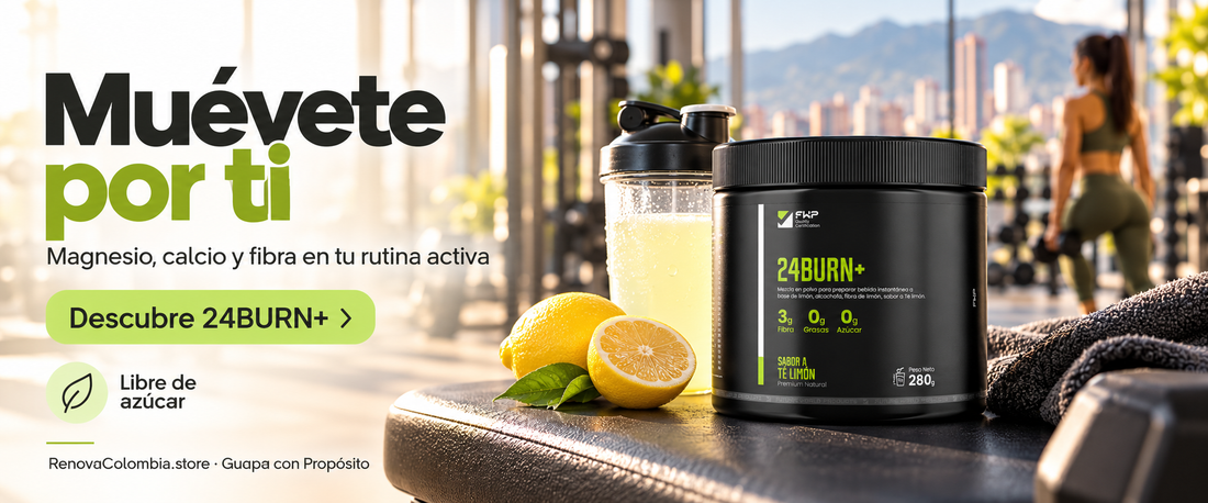 24BURN+: magnesio, calcio y fibra para tu rutina activa; libre de azúcar.